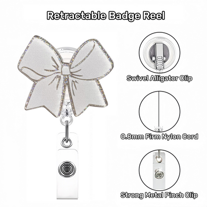 Acrylic White Bow with Glitter Trim Badge Reel