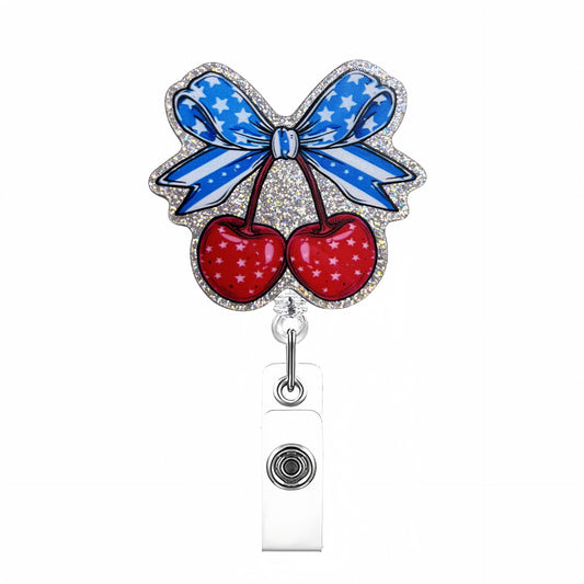 Acrylic Blue Striped Bow with Cherries Badge Reel