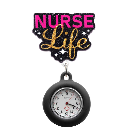 Acrylic Glitter Black Nurse Life Badge Reel with Black Watch