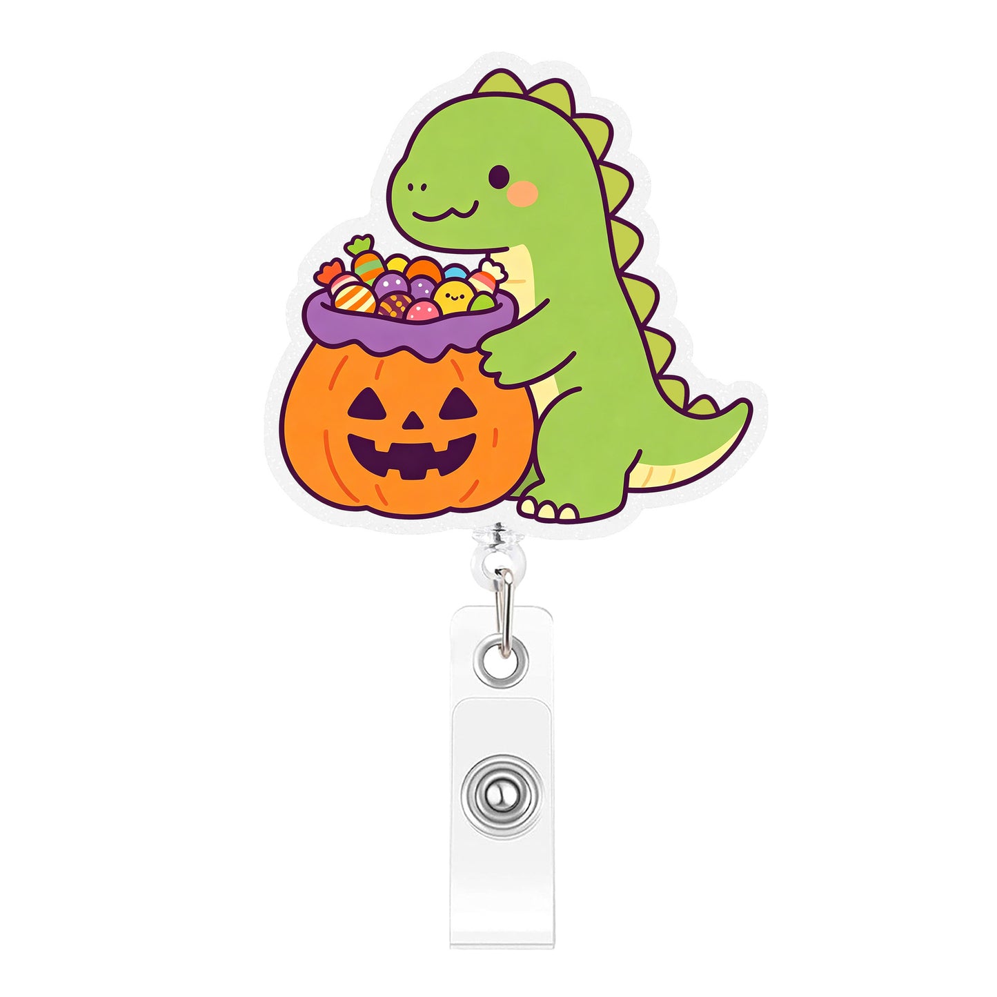 Dinosaur Holding Pumpkin Candy Acrylic Badge Reel