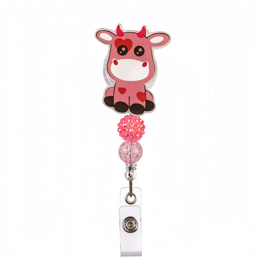 Acrylic Pink Cow Beaded Retractable Badge Reel
