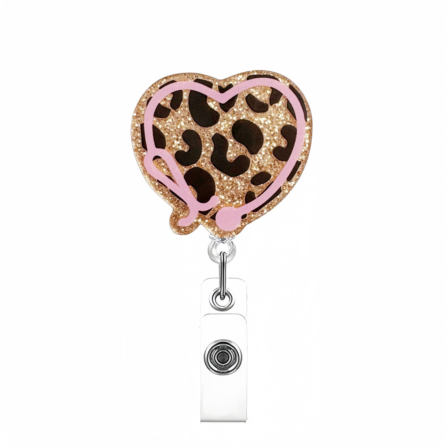 Acrylic Leopard Heart Badge Reel Golden Glitter