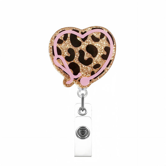 Acrylic Leopard Heart Badge Reel Golden Glitter