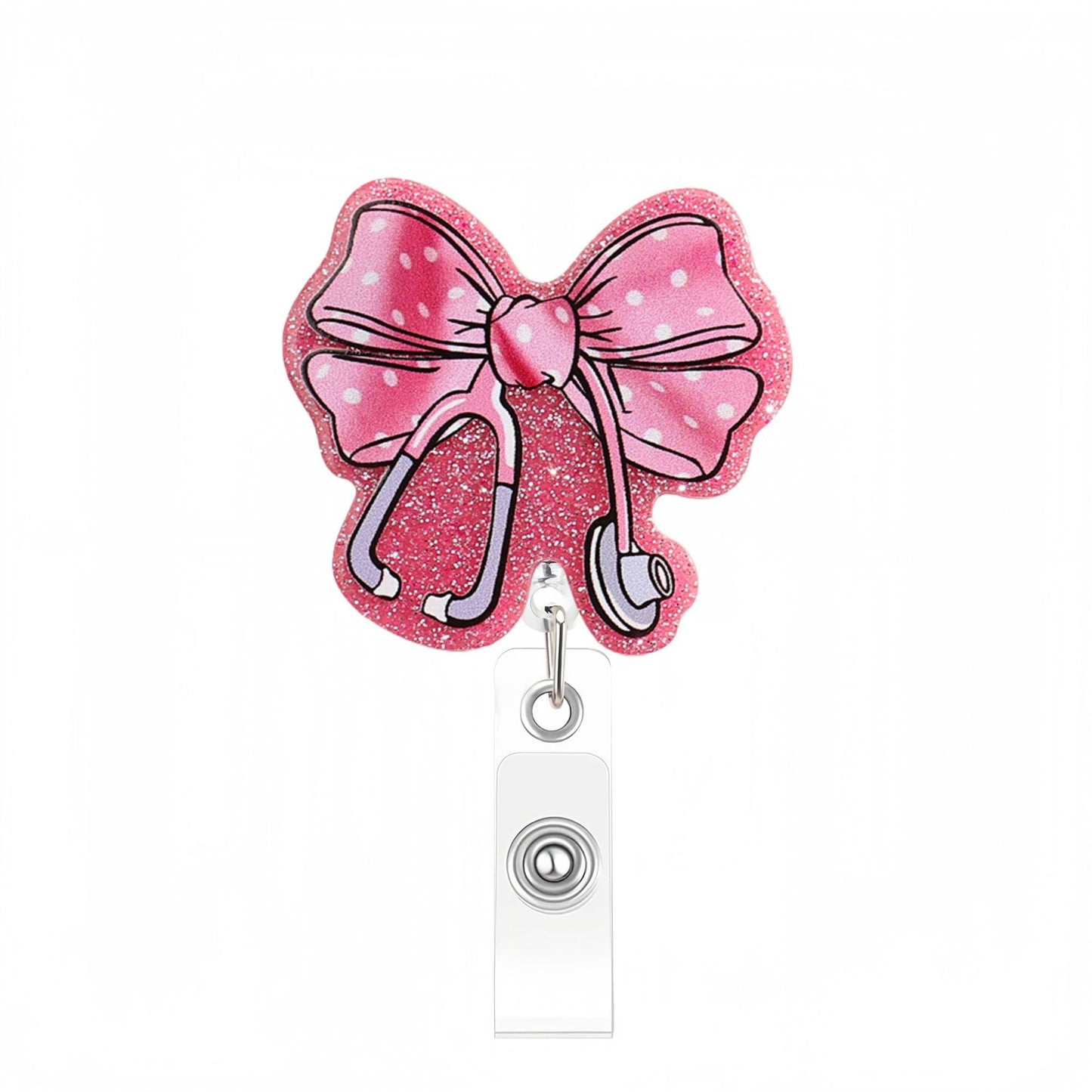 Acrylic Pink Glitter Bow Badge Reel