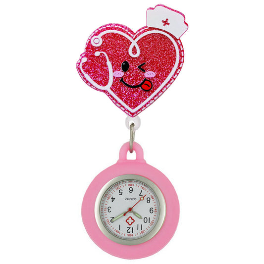 Acrylic Cute Heart Badge Reel with Pink Fob Watch