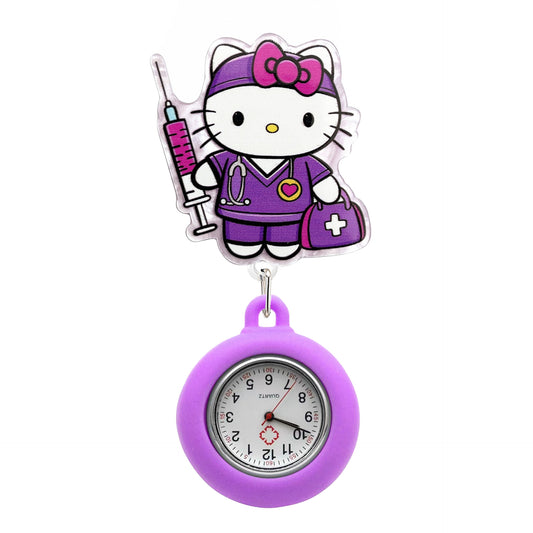 Acrylic Kitty with The First-aid Kit Badge Reel with Purple Fob Watch
