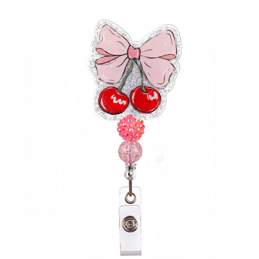 Acrylic Bow with Cherries Beaded Retractable Badge Reel