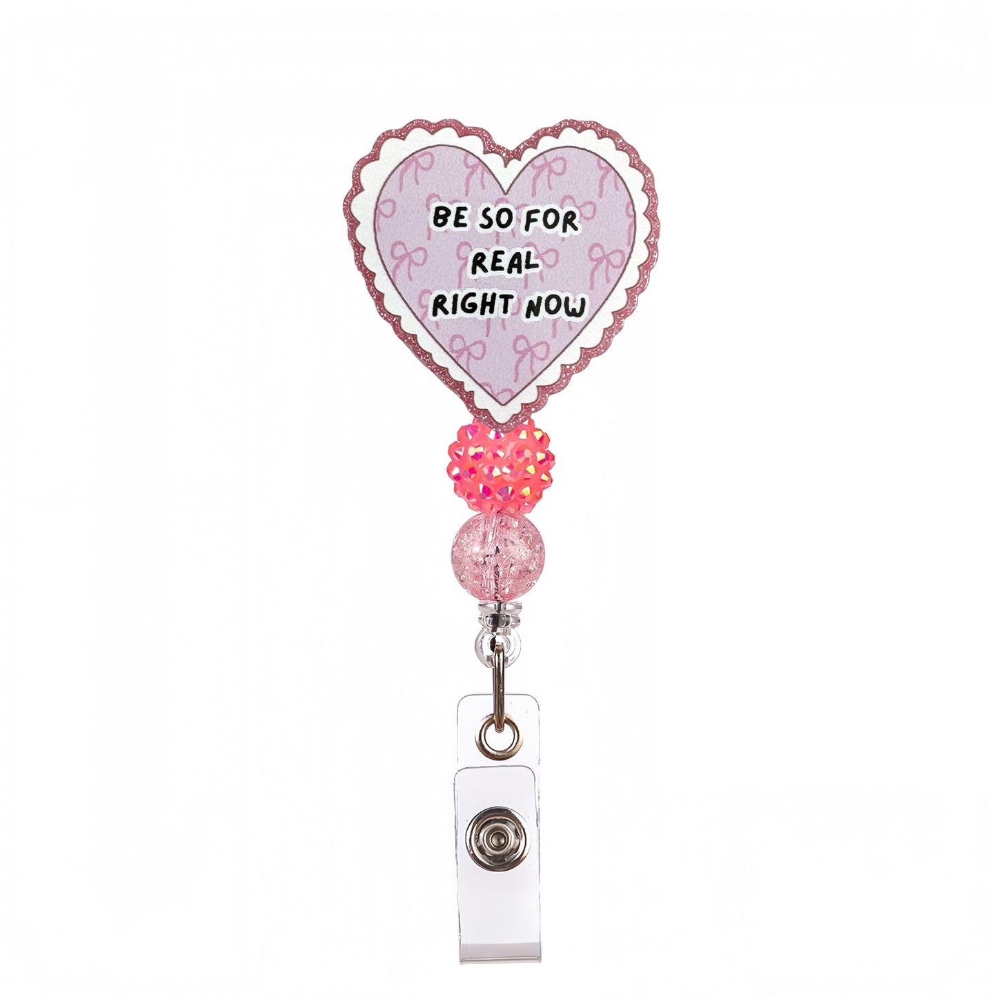 Acrylic Glitter-Edged Heart Beaded Retractable Badge Reel