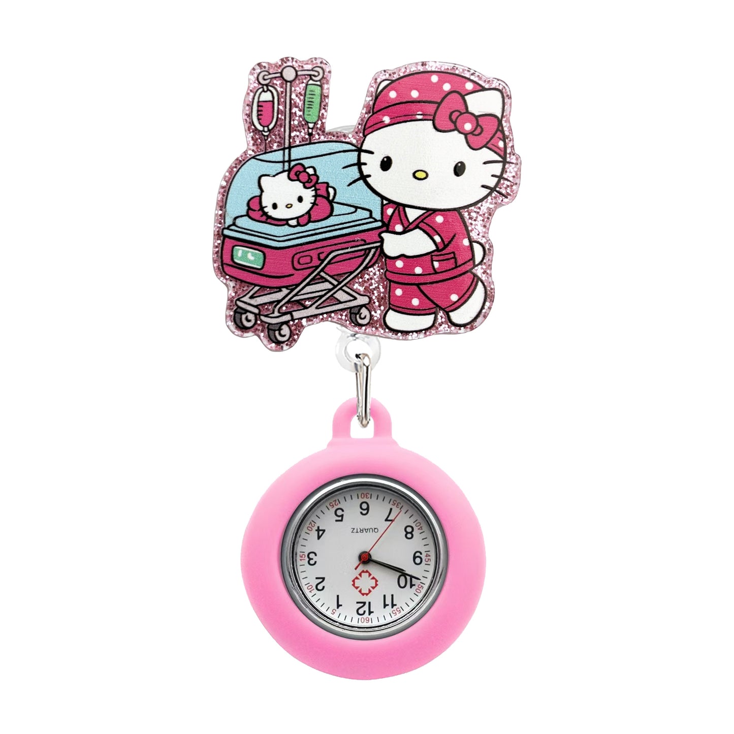 Acrylic Pink Kitty Pushing a Stroller Badge Reel with Pink Fob Watch