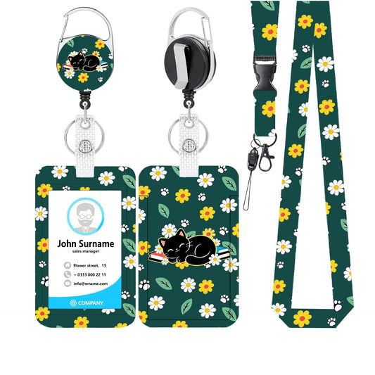 Cute Sleeping Black Cat Floral ID Badge Holder Set