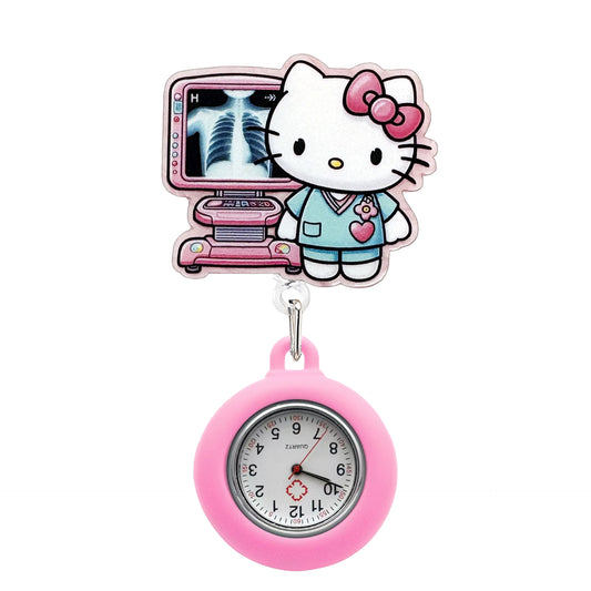Acrylic Kitty and X-ray Machine Badge Reel with Pink Fob Watch