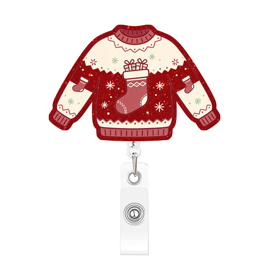 Red And White Socks Sweater Acrylic Badge Reel