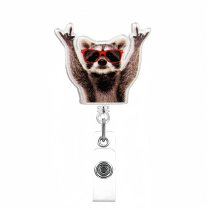Acrylic Raccoon with Glasses Badge Reel