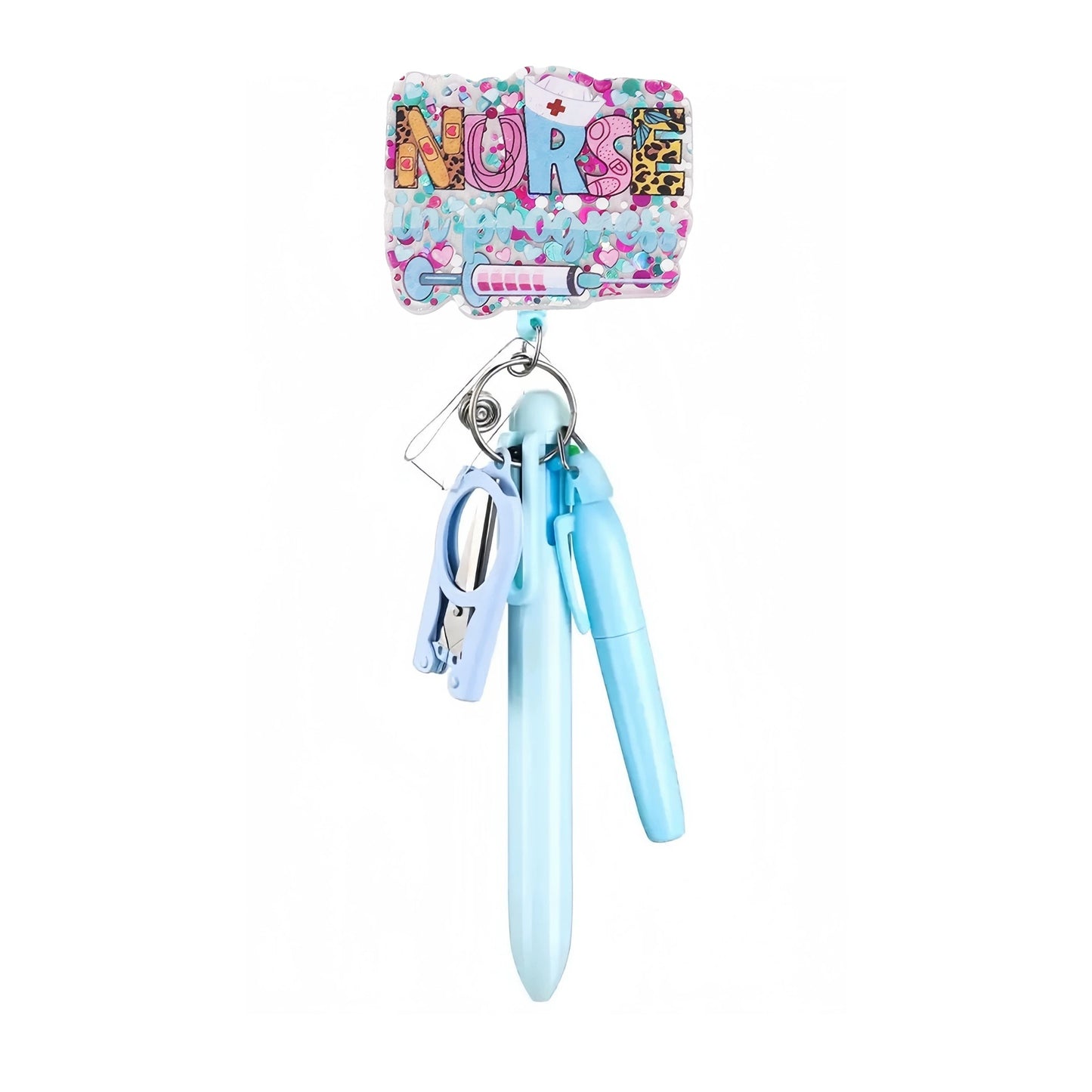 Floral Nurse In Progress Badge Reel with Blue Pen Set