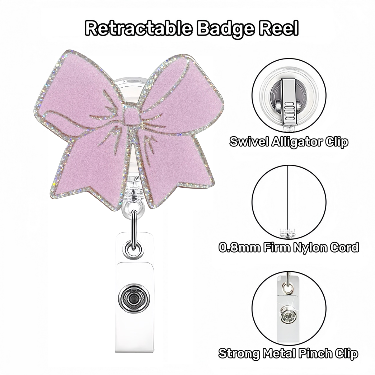 Acrylic Pink Bow With Glitter Trim Badge Reel