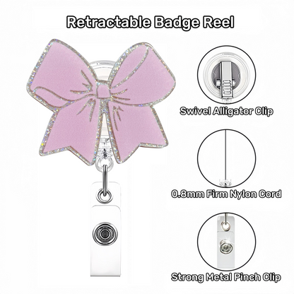 Acrylic Pink Bow With Glitter Trim Badge Reel