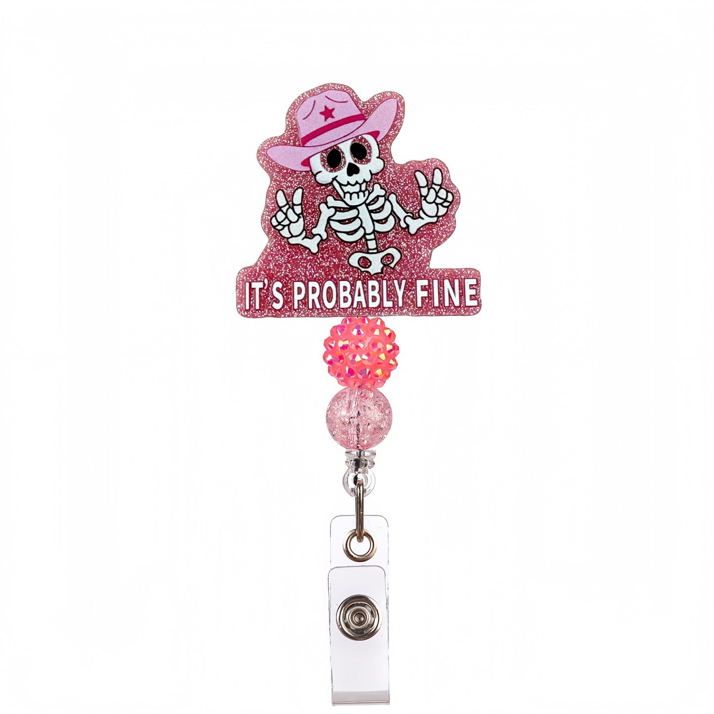 Acrylic Skull with a Hat Beaded Retractable Badge Reel