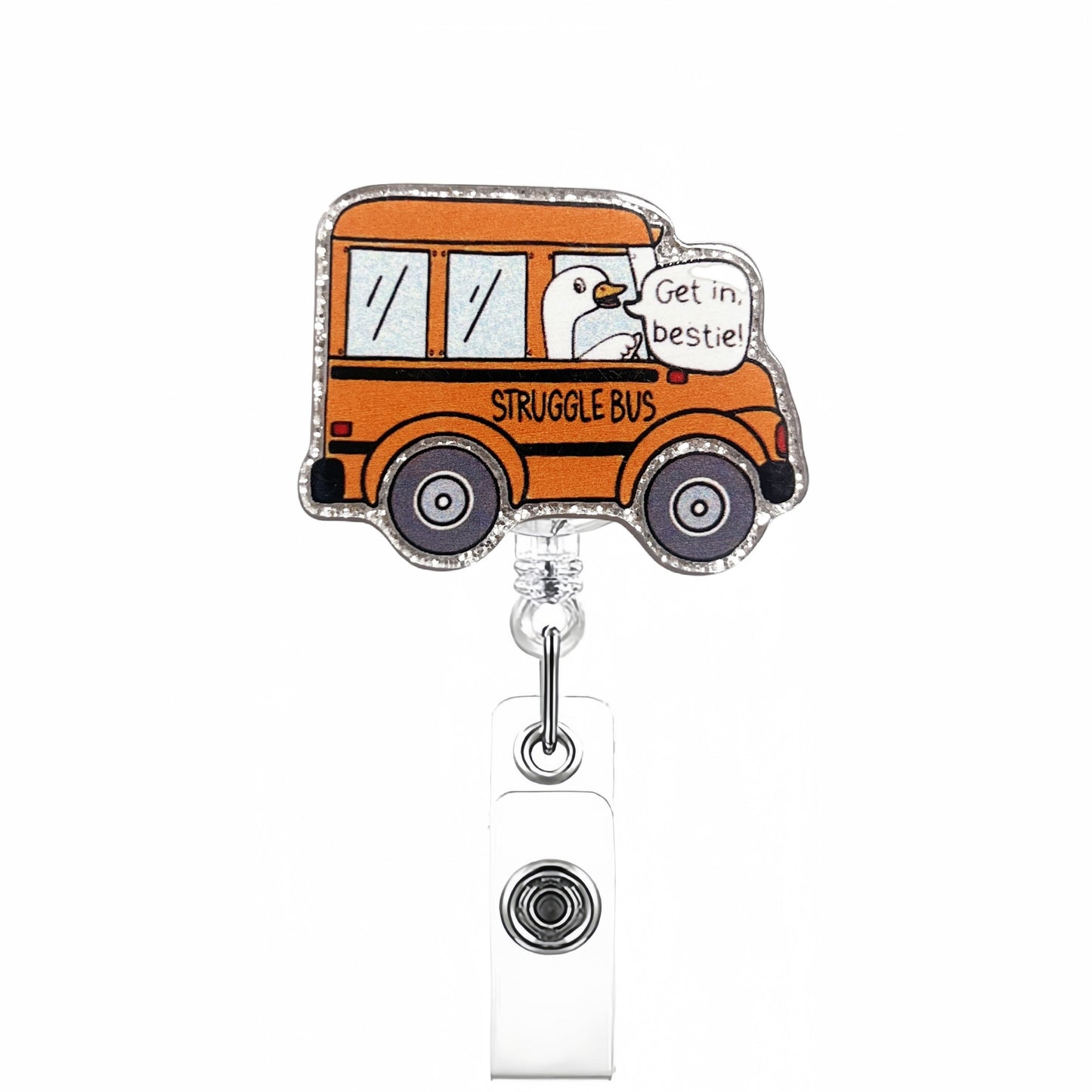 Acrylic Orange Bus Goose Badge Reel