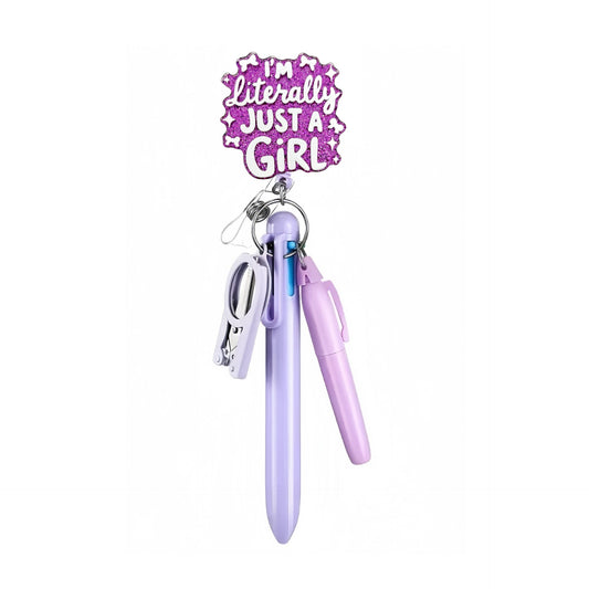 Purple Literally Just A Girl Badge Reel with Purple Pen Set