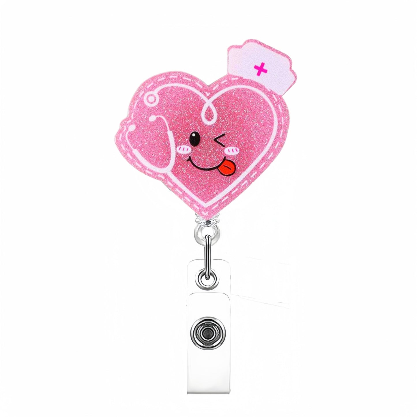 Acrylic Cute Nurse Badge Reel Glitter Pink