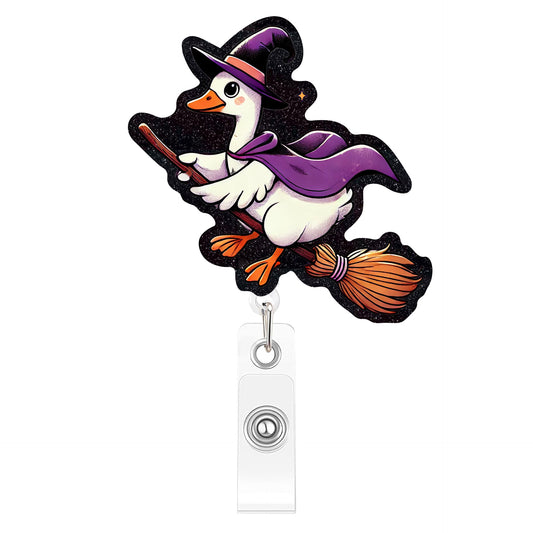 Riding A Broom And Magic Goose Acrylic Badge Reel