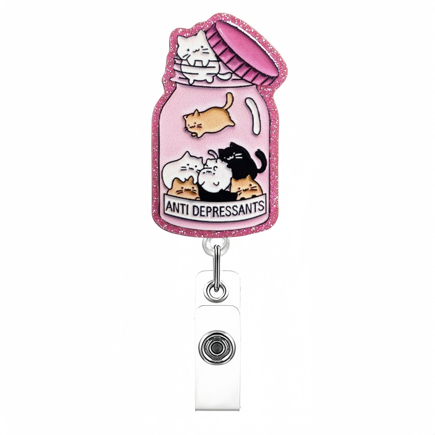 Acrylic Pink Bottle with Cats Badge Reel