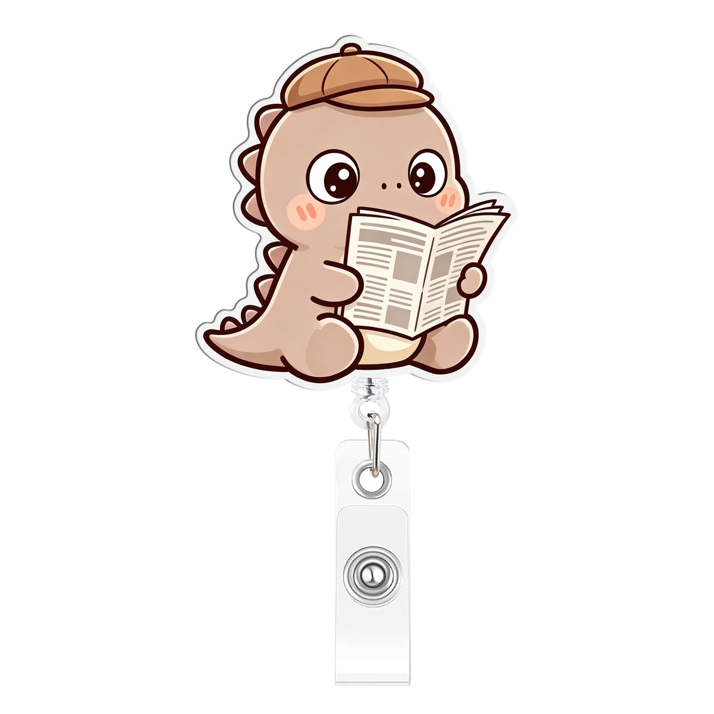 Khaki Reading Newspapers Dinosaur Acrylic Badge Reel