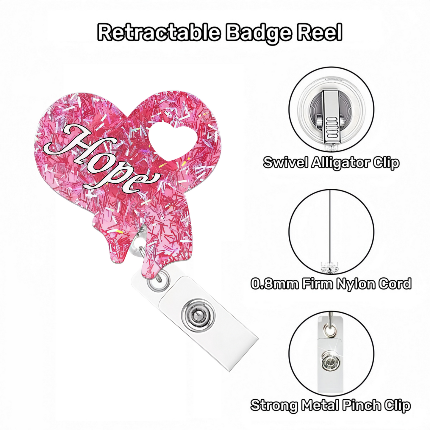 Acrylic Pink Heart with Hope Badge Reel