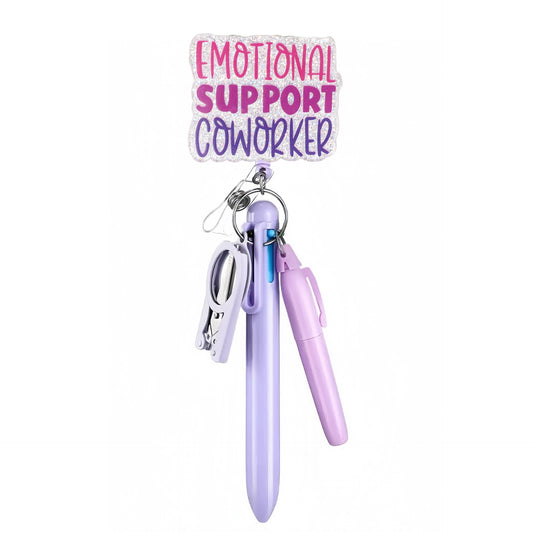 Emotional Support Coworker Badge Reel with Purple Pen Set