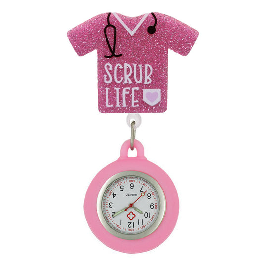 Acrylic Pink Scrub Life Badge Reel with Pink Fob Watch