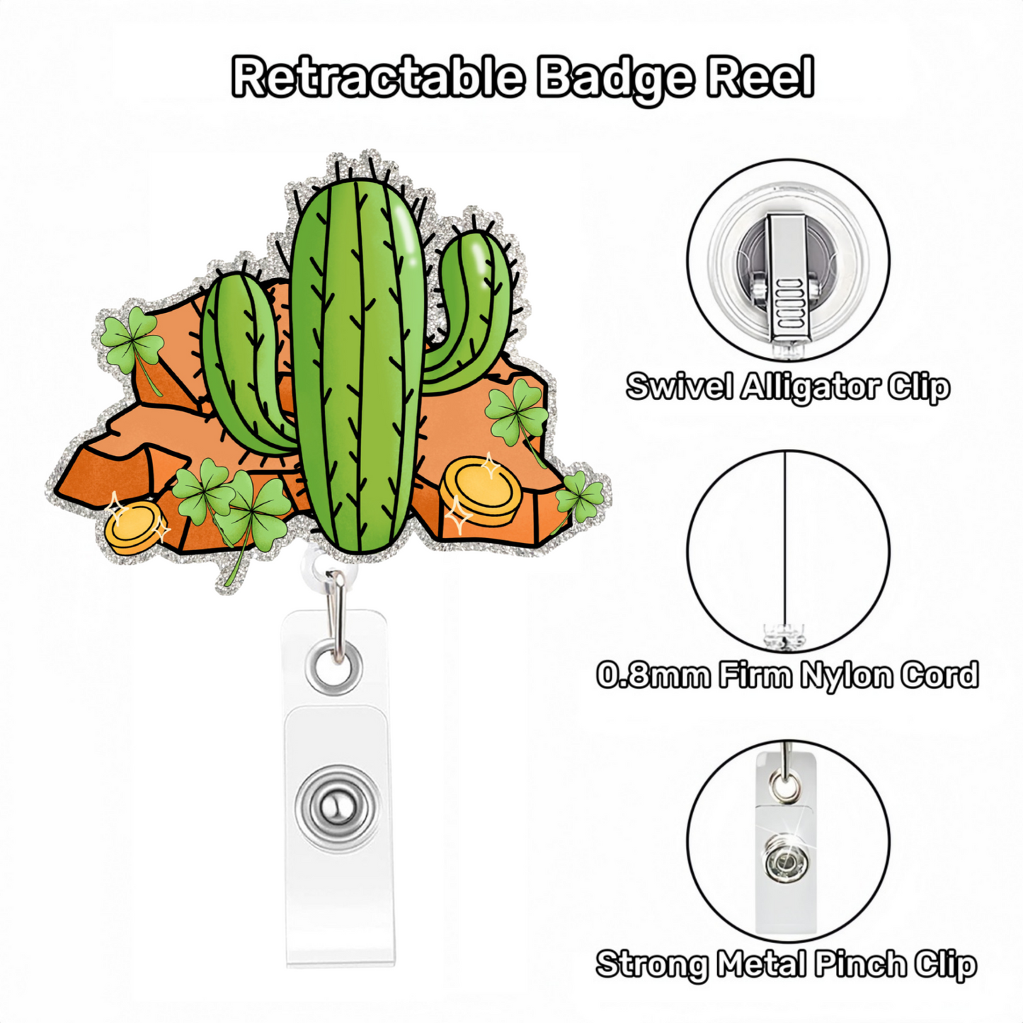 Acrylic Cacti And Four-Leaf Clovers Badge Reel