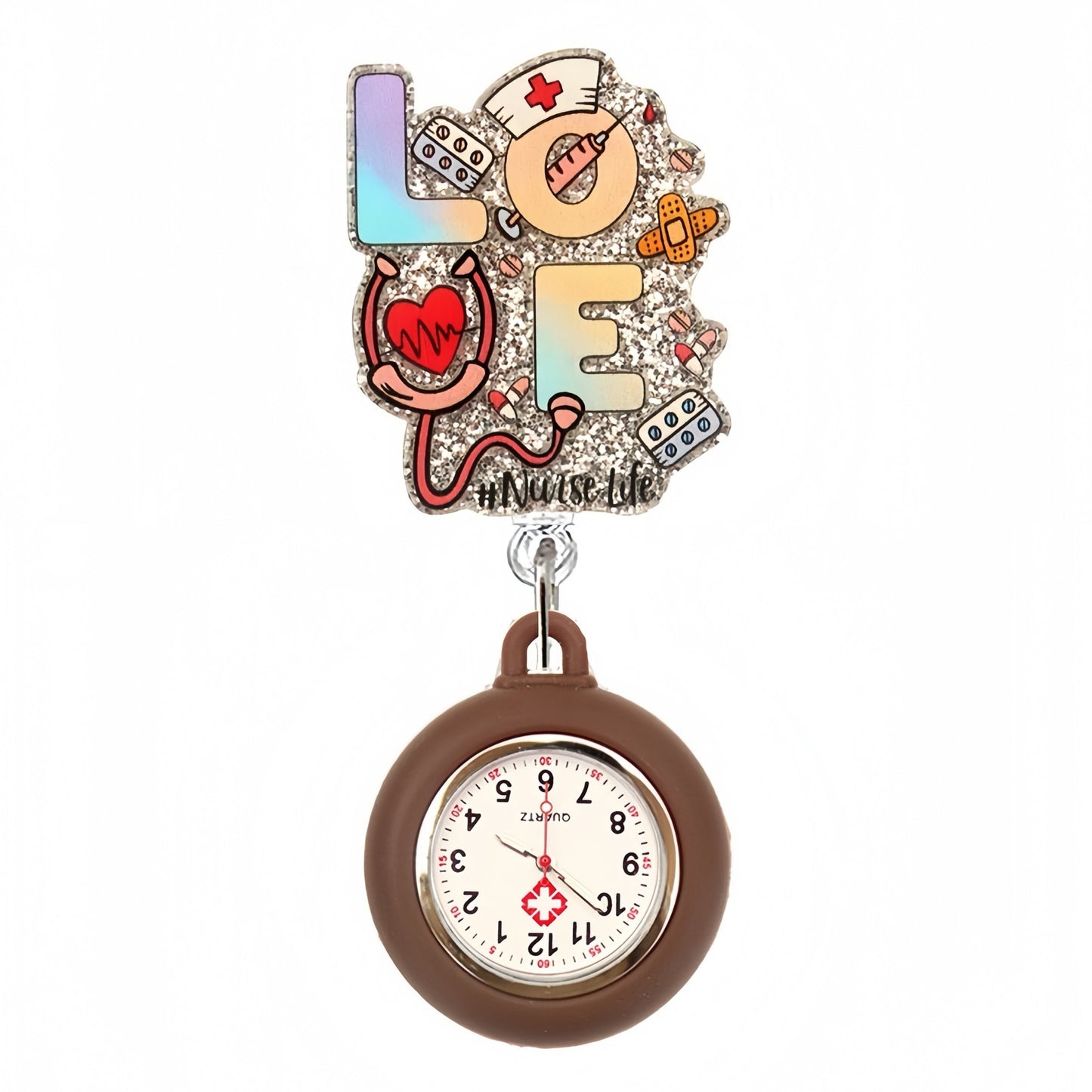 Glitter Nurse Life Badge Reel with Brown Fob Watch