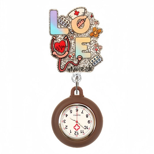 Glitter Nurse Life Badge Reel with Brown Fob Watch
