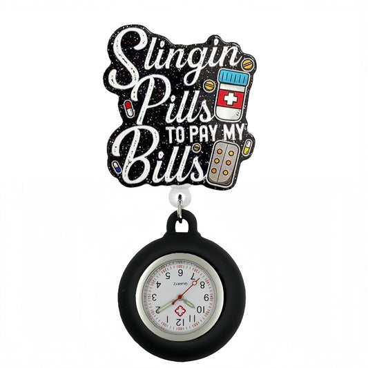 Acrylic Pills Bills Badge Reel with Black Fob Watch