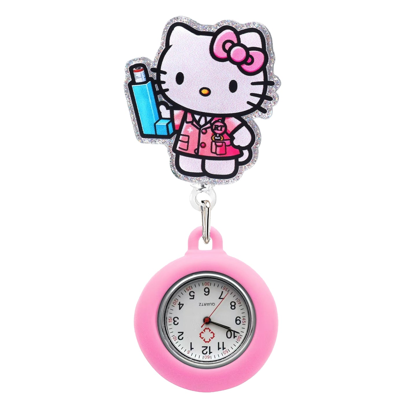Acrylic Kitty and the Syringe Badge Reel with Pink Fob Watch