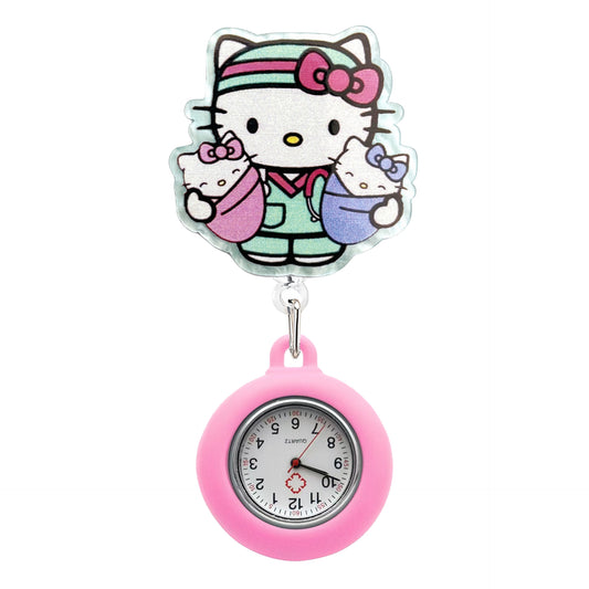 Acrylic Kitty Hold Babies Badge Reel with Pink Fob Watch