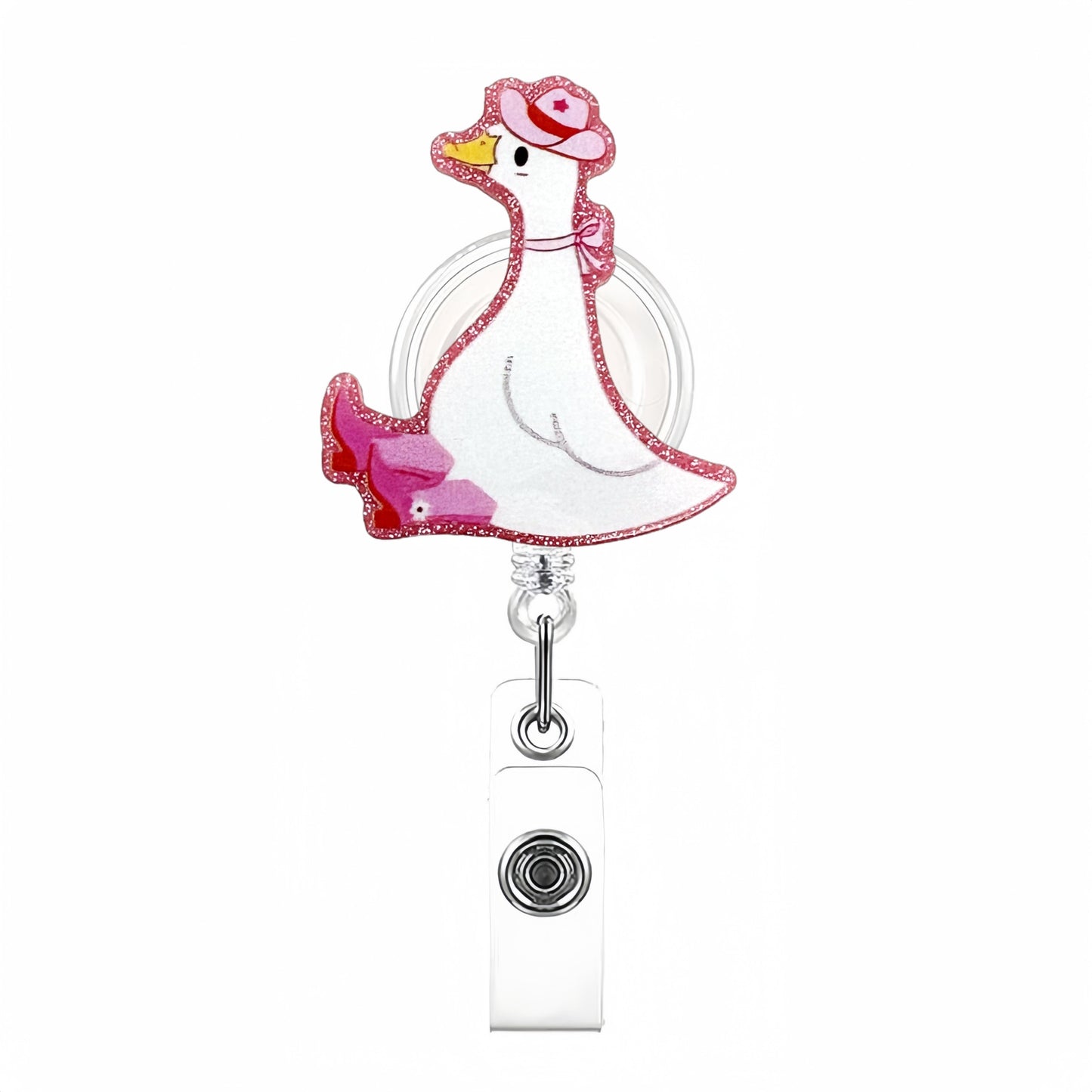 Acrylic Sitting Goose with Bow Badge Reel