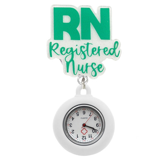 Acrylic Green RN Badge Reel with White Fob Watch