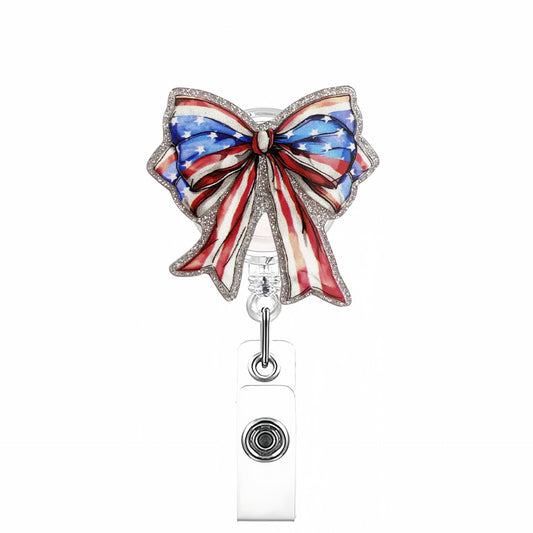 Acrylic Red and Blue Bow Badge Reel