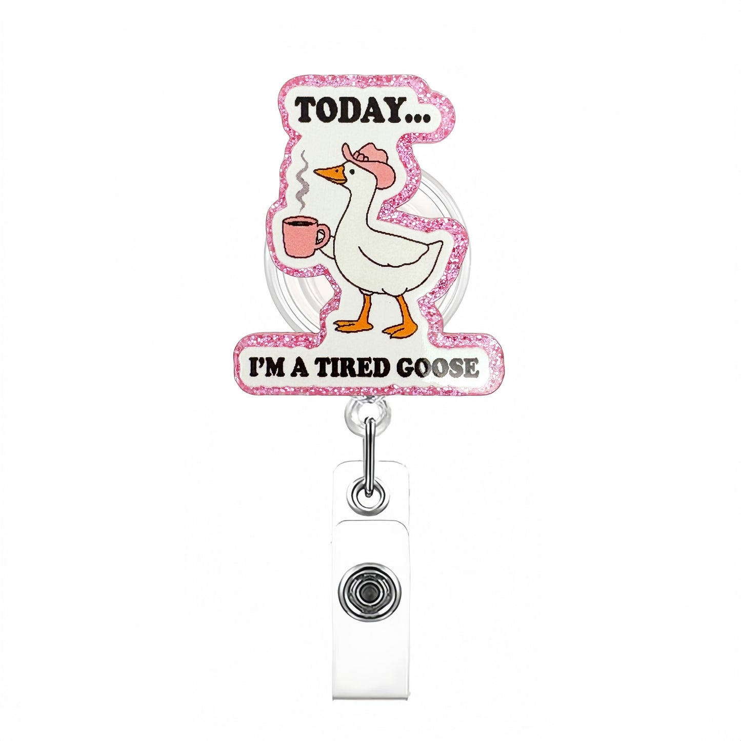 Acrylic Goose Holding a Coffee Cup Badge Reel