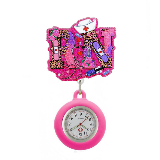 Acrylic Leopard RN Badge Reel with Pink Fob Watch