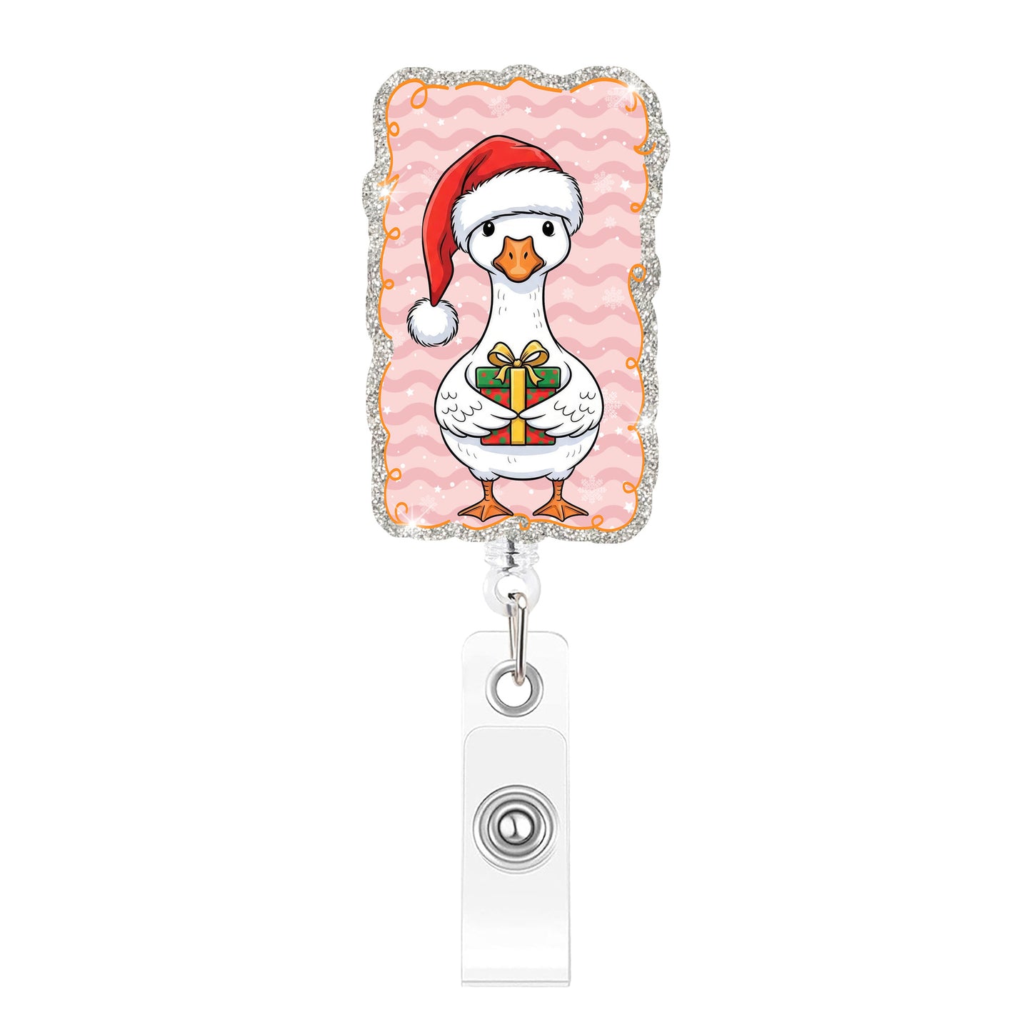Pink and White Christmas Goose Acrylic Badge Reel
