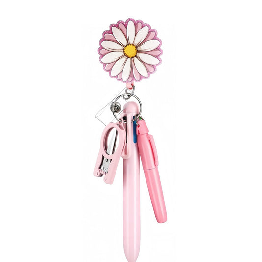 White Flower Badge Reel with Pink Pen Set