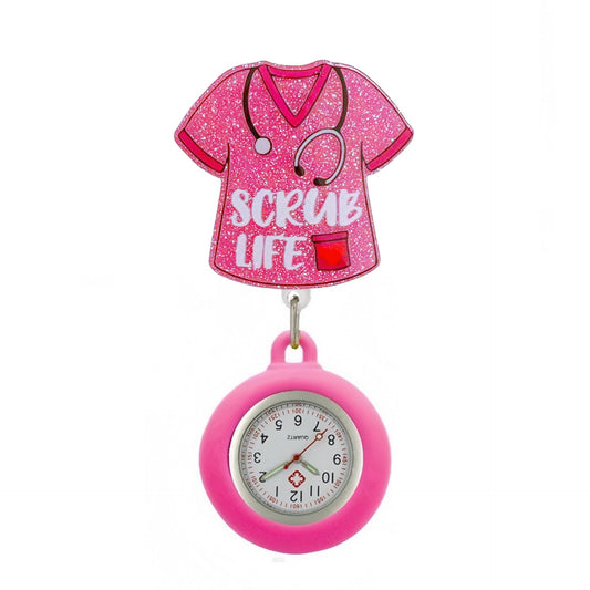 Pink Scrub Life Badge Reel with Pink Fob Watch