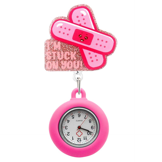 Acrylic Stuck On You Badge Reel with Pink Fob Watch