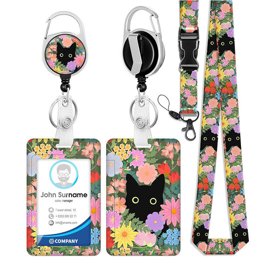 Black Cat Floral ID Badge Holder Set