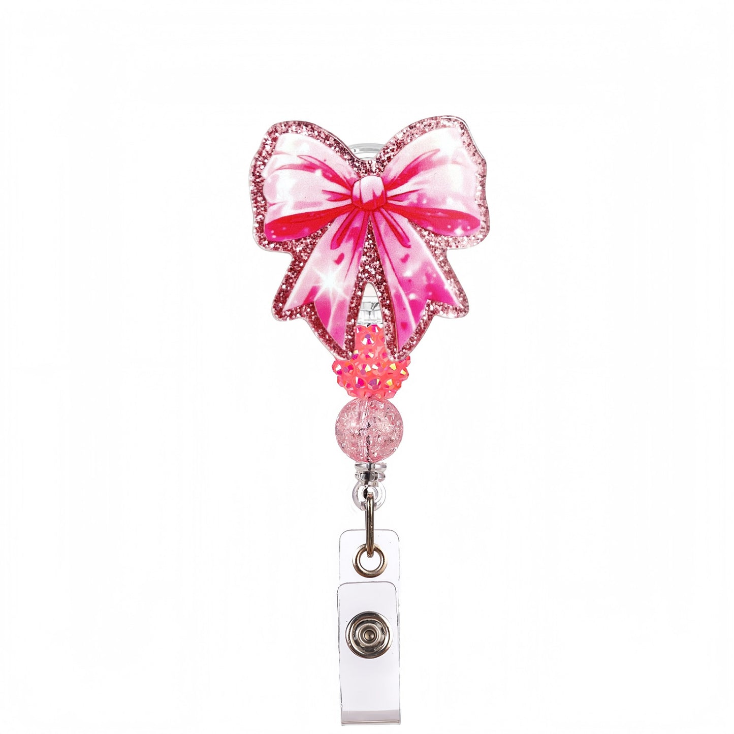 Acrylic Glitter-Trimmed Bow Beaded Retractable Badge Reel