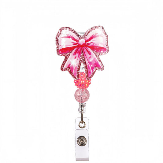 Acrylic Glitter-Trimmed Bow Beaded Retractable Badge Reel