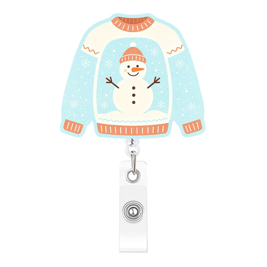 Blue And White Snowman Sweater Acrylic Badge Reel