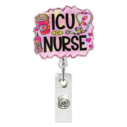 Acrylic Pink Background Icu Nurse Badge Reel